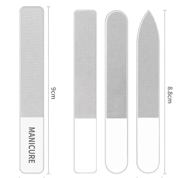 Spec sheet showing the straight 9 cm and tapered 8.8 cm glass file profiles with their etched faces