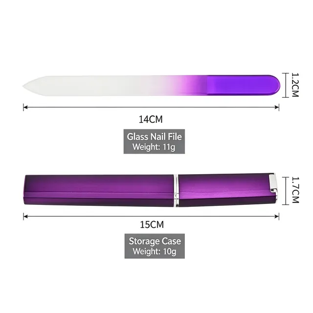 Spec sheet listing the glass nail file at 14 cm by 1.2 cm and 1 g, and the storage case at 15 cm by 1.2 cm and 10 g
