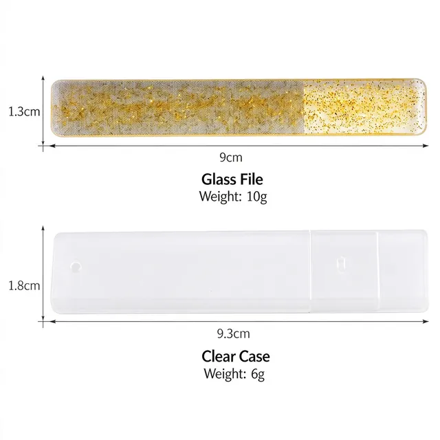 Spec sheet listing the glass file at 9 cm by 1.3 cm and 10 g, and the clear case at 9.3 cm by 1.8 cm and 6 g