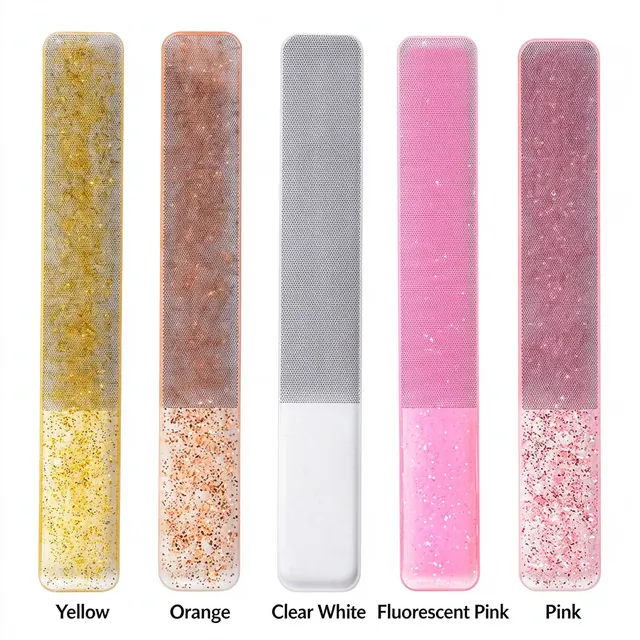 Colour card showing the five glitter finishes labelled Yellow, Orange, Clear White, Fluorescent Pink and Pink