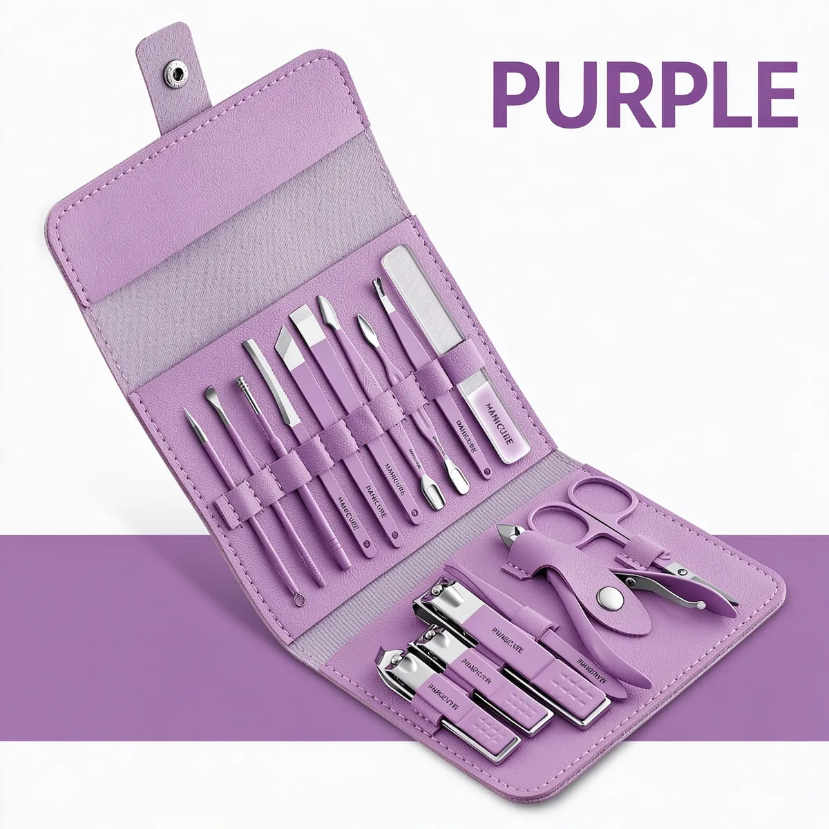Purple sixteen-piece manicure set in an open PU case with its tools laid out
