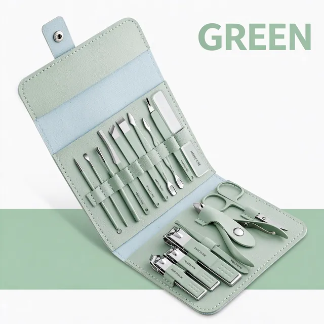 The same sixteen-piece set in green, tools laid out in the open PU case