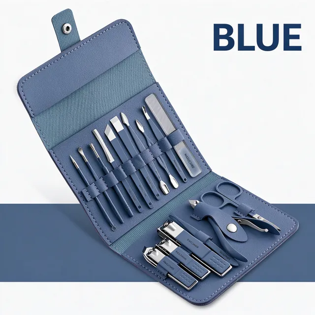 The same sixteen-piece set in blue, tools laid out in the open PU case