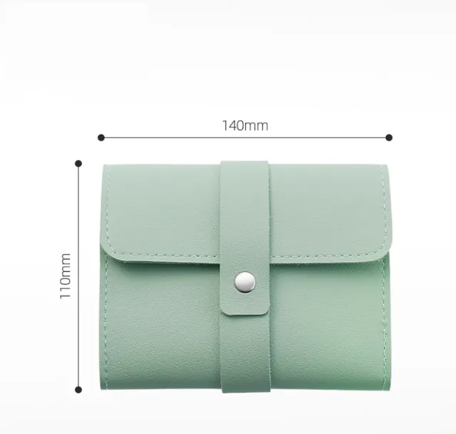 Closed green PU case with its snap-button strap, marked 140 mm by 110 mm