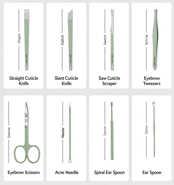 Eight of the sixteen tools labelled: straight cuticle knife, slant cuticle knife, saw cuticle scraper, eyebrow tweezers, eyebrow scissors, acne needle, spiral ear spoon and ear spoon
