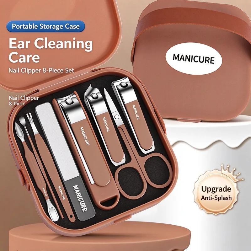 Coffee-coloured eight-piece anti-splash nail clipper kit in an open moulded case, tools laid out