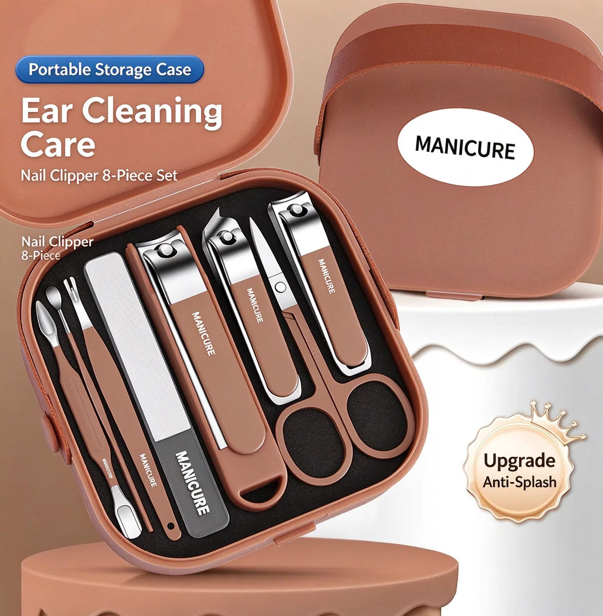 Coffee-coloured eight-piece anti-splash nail clipper kit in an open moulded case, tools laid out