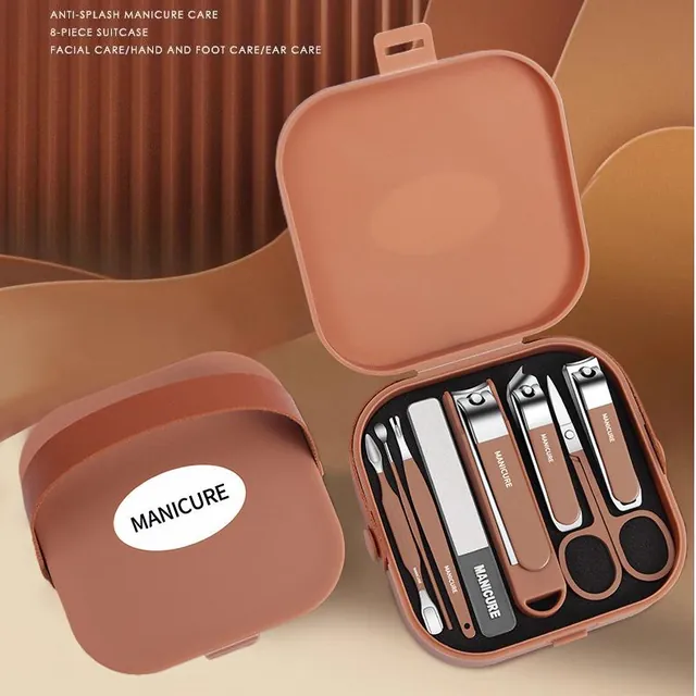 The same eight-piece kit shown with its case closed and open, headed anti-splash manicure care