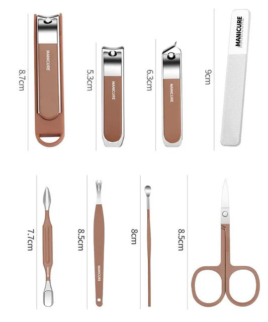 Dimension sheet marking the eight tools at 8.7 cm, 5.3 cm, 6.3 cm and 9 cm, and 7.7 cm, 8.5 cm, 8 cm and 8.5 cm