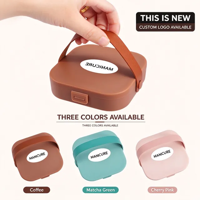 The three catalogue colourways labelled coffee, matcha green and cherry pink, with the case closed