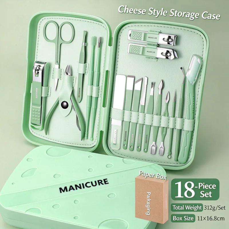 Green eighteen-piece manicure set in an open shaped storage case with its tools laid out