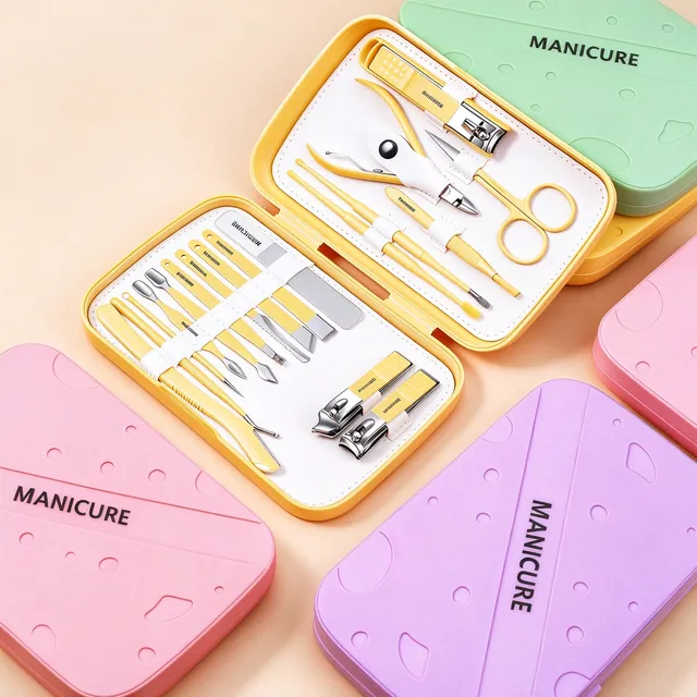 Three closed cases in pink, yellow and purple with the shaped lid pattern and the word MANICURE