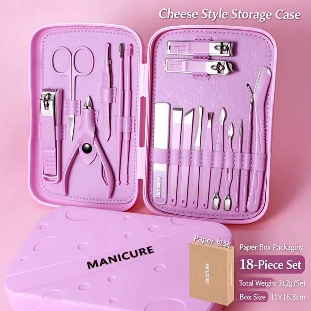The same eighteen-piece set in purple, tools laid out in the open case