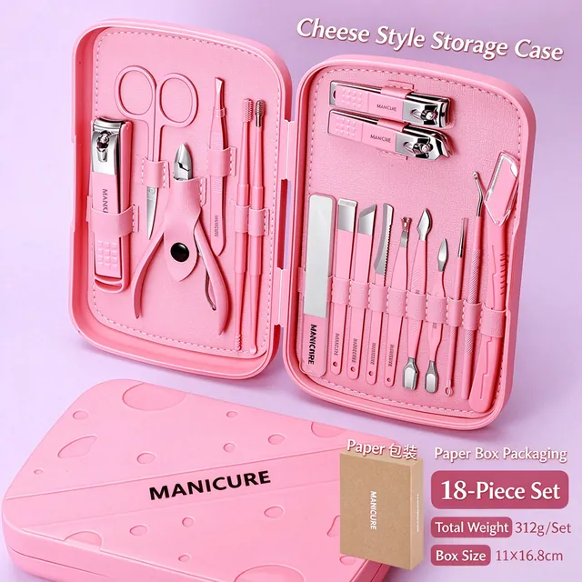 The same eighteen-piece set in pink, laid open on a pink background