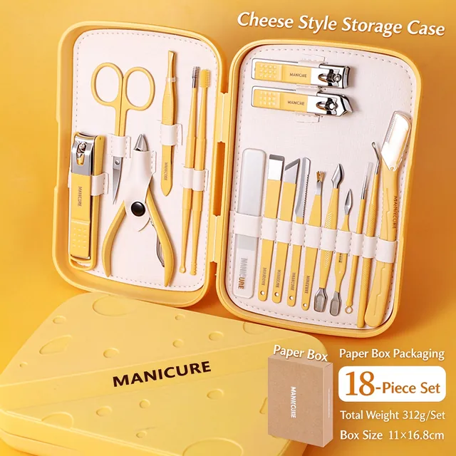 The same eighteen-piece set in yellow, laid open over its closed case