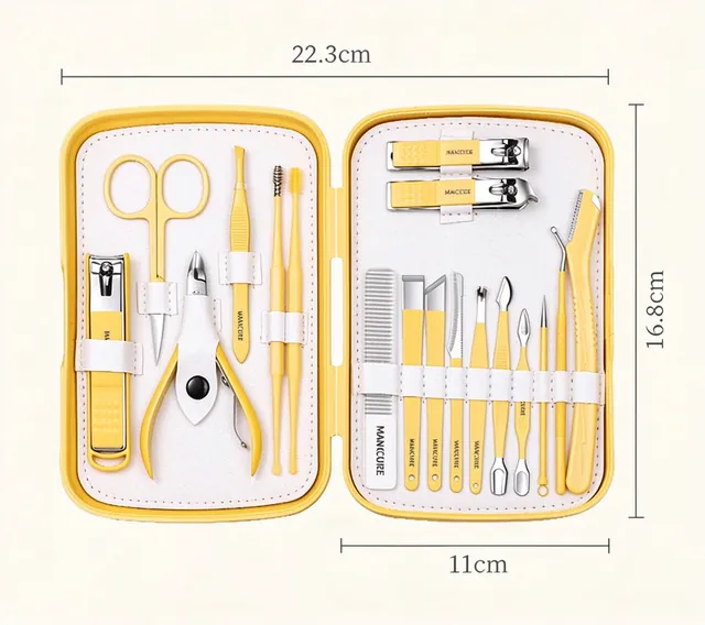 Dimension sheet marking the open case at 22.3 cm by 16.8 cm, and the closed case at 11 cm
