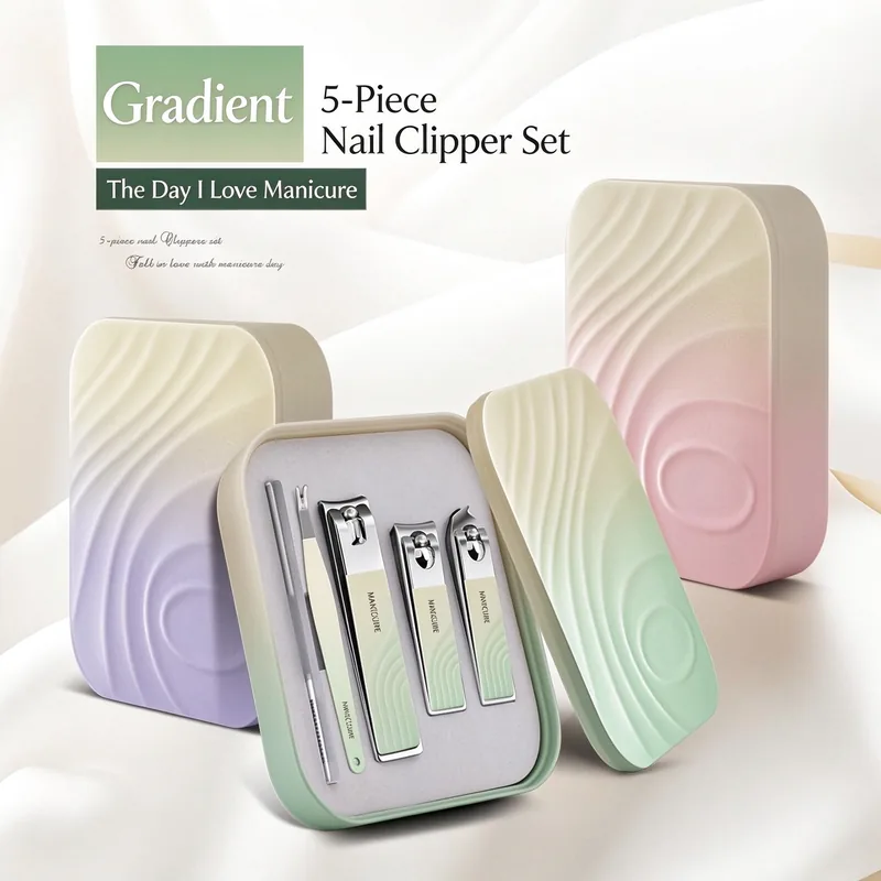 Five-piece manicure kit with a gradient wave-pattern case in mint, cherry pink and purple, shown with the case open