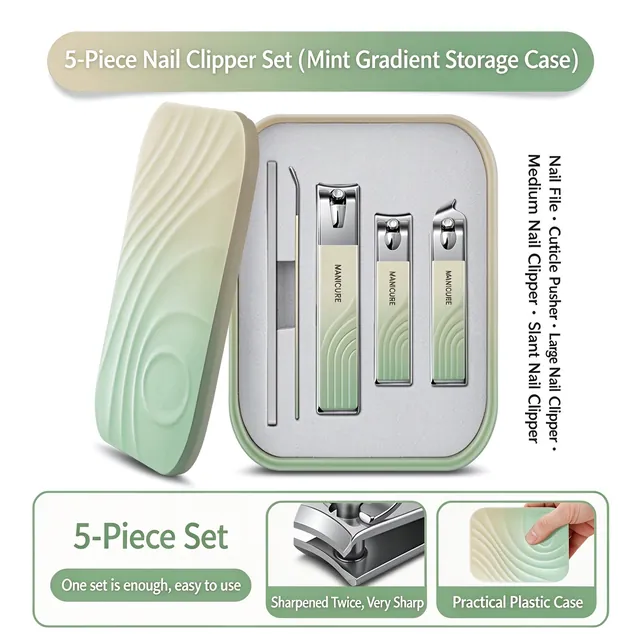 Mint green gradient case open with the five tools beside it
