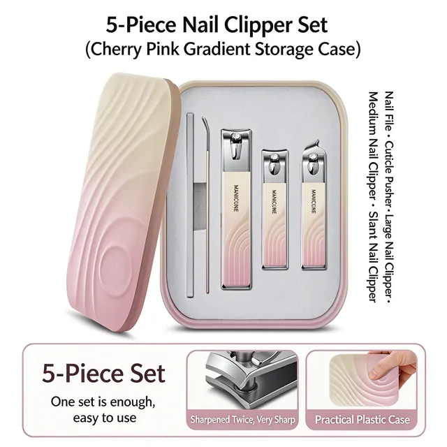Cherry pink gradient case open with the five tools beside it