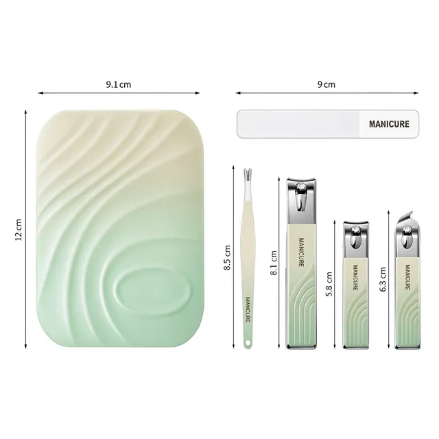 Dimension sheet marking the case at 12 cm by 9.1 cm and the tools at 8.5 cm, 8.1 cm, 5 cm and 6.3 cm