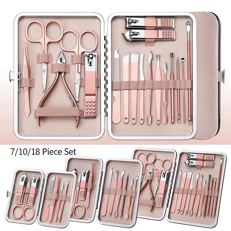 Pink PU-leather nail clipper kit shown as 7-piece, 10-piece and 18-piece sets laid open in a row