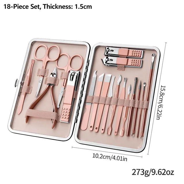 The 18-piece set laid open, marked 15.8 × 10.2 cm, case 1.5 cm thick and 273 g