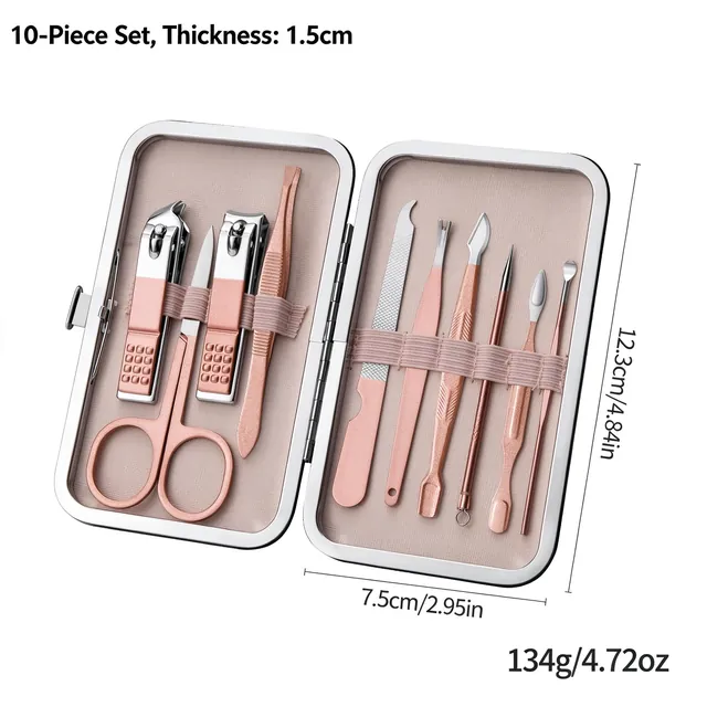 The 10-piece set laid open, marked 12.3 × 7.5 cm, case 1.5 cm thick and 134 g