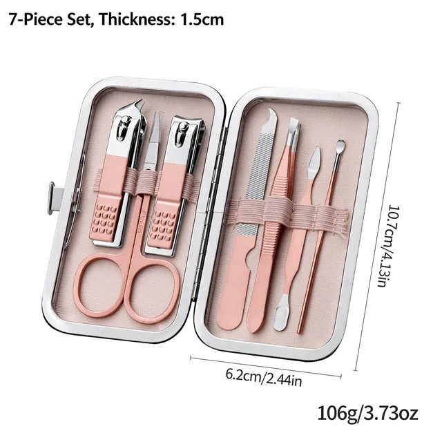 The 7-piece set laid open, marked 10.7 × 6.2 cm, case 1.5 cm thick and 106 g