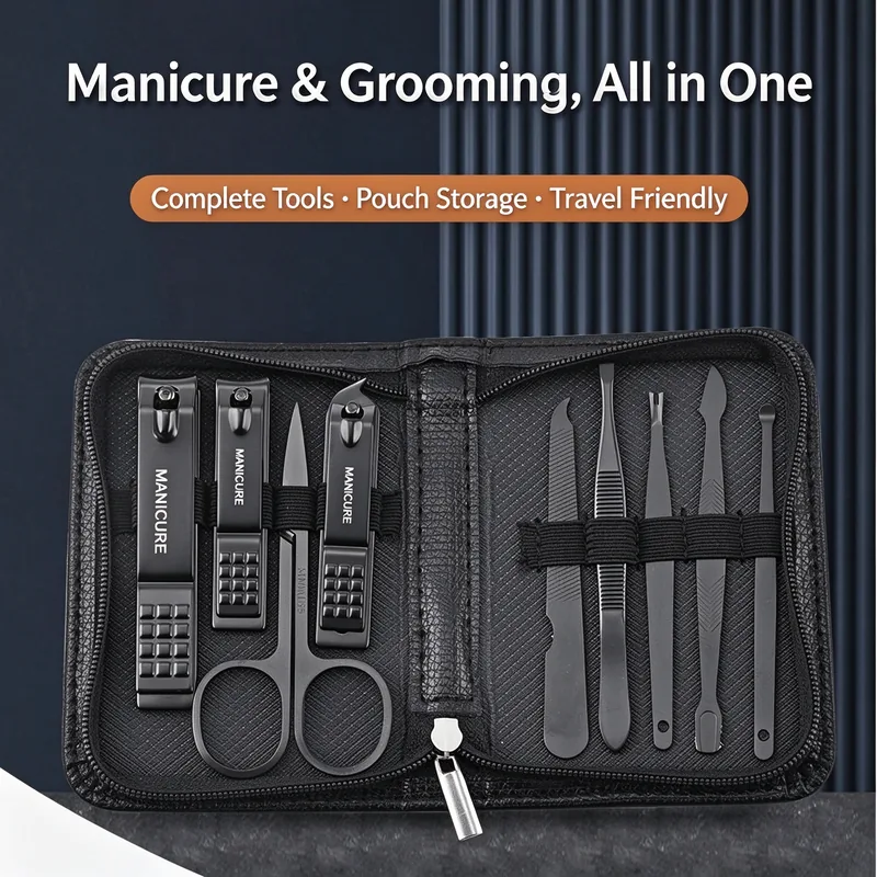 Black nine-piece nail clipper set in an open zipper-closure PU pouch with its tools laid out