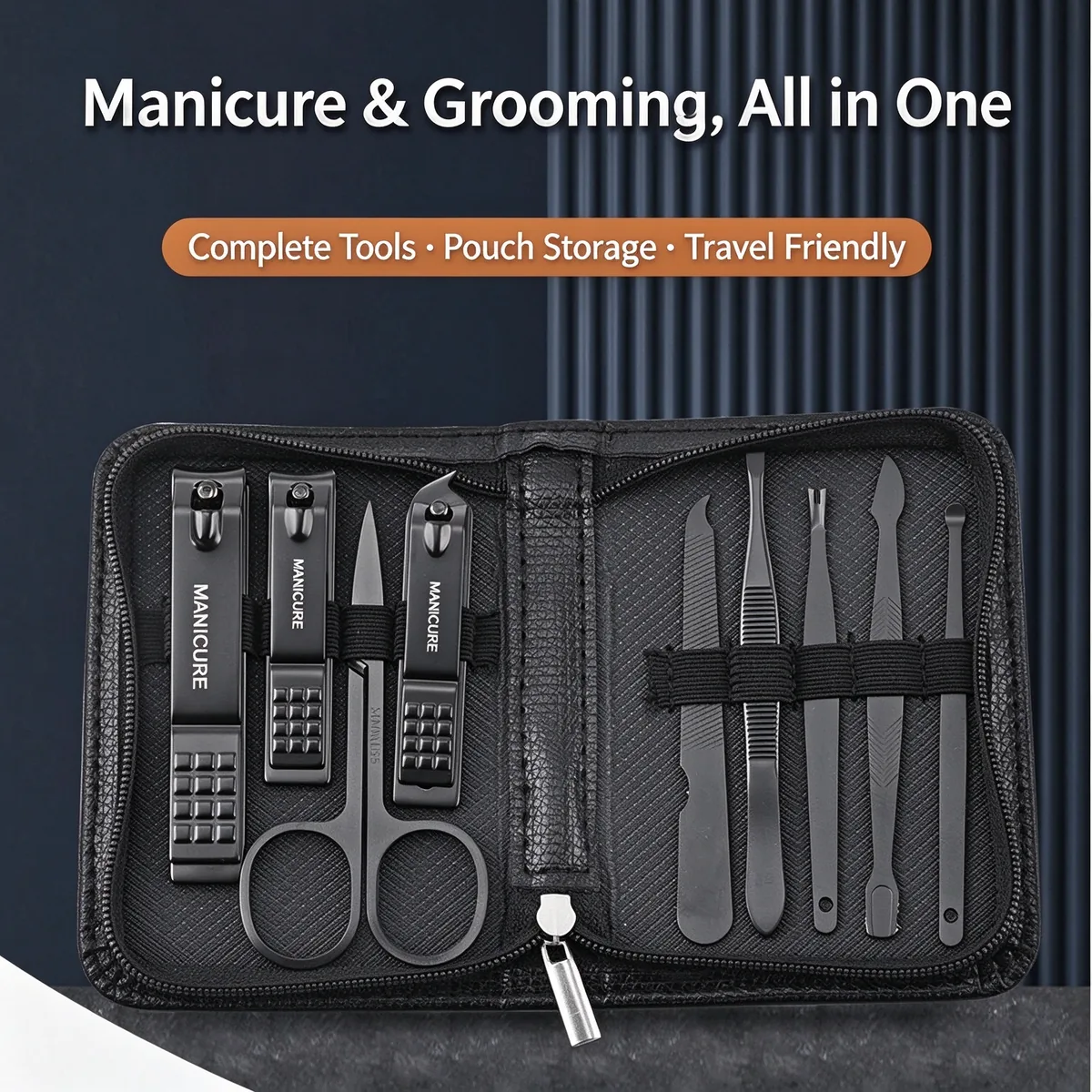 Black nine-piece nail clipper set in an open zipper-closure PU pouch with its tools laid out