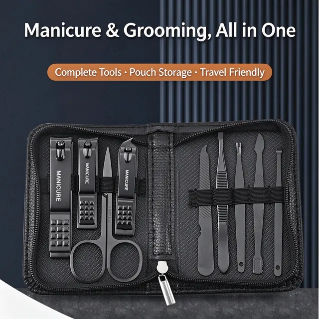 Black nine-piece nail clipper set in an open zipper-closure PU pouch with its tools laid out