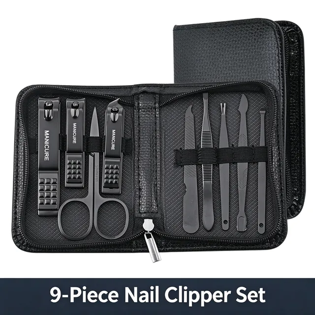 The nine-piece set shown with the pouch open and the case behind it