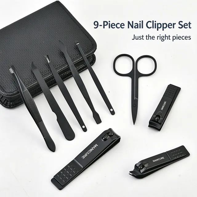 The nine black tools laid out loose on a white surface