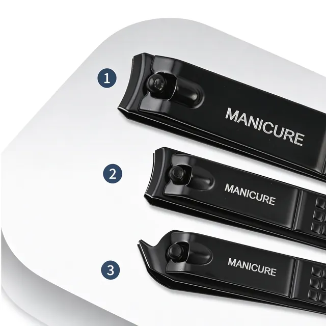 Three black nail clippers fanned out, numbered 1 to 3