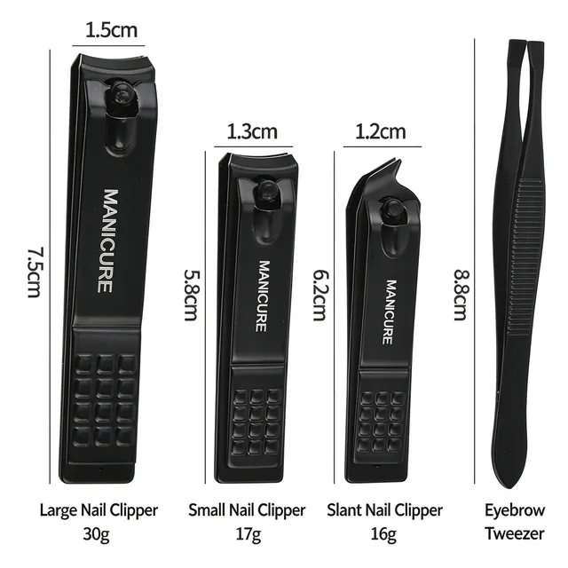 Dimension sheet for the clippers and the eyebrow tweezer: large 7.5 cm and 30 g, small 5.8 cm and 17 g, slant 6.2 cm and 16 g, tweezer 8.5 cm