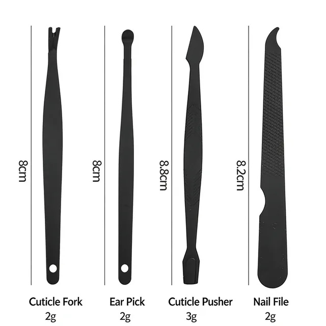 Dimension sheet for the cuticle fork, ear pick, cuticle pusher and nail file at 8 cm, 8 cm, 8.8 cm and 8.2 cm