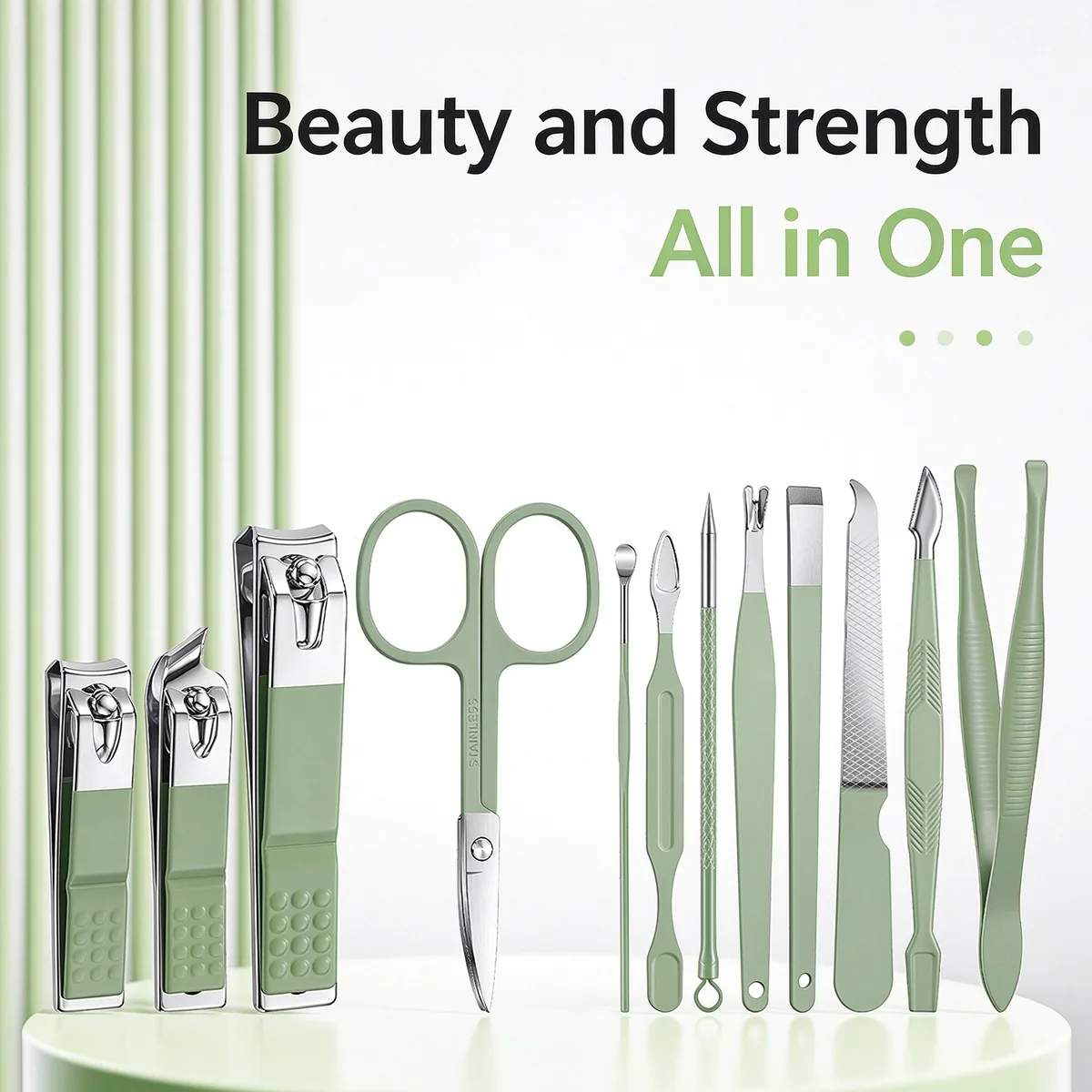 Apple green twelve-piece manicure set laid open in its fold-out PU pouch with the tools on elastic loops