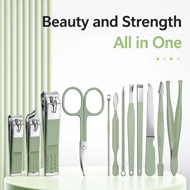 Apple green twelve-piece manicure set laid open in its fold-out PU pouch with the tools on elastic loops