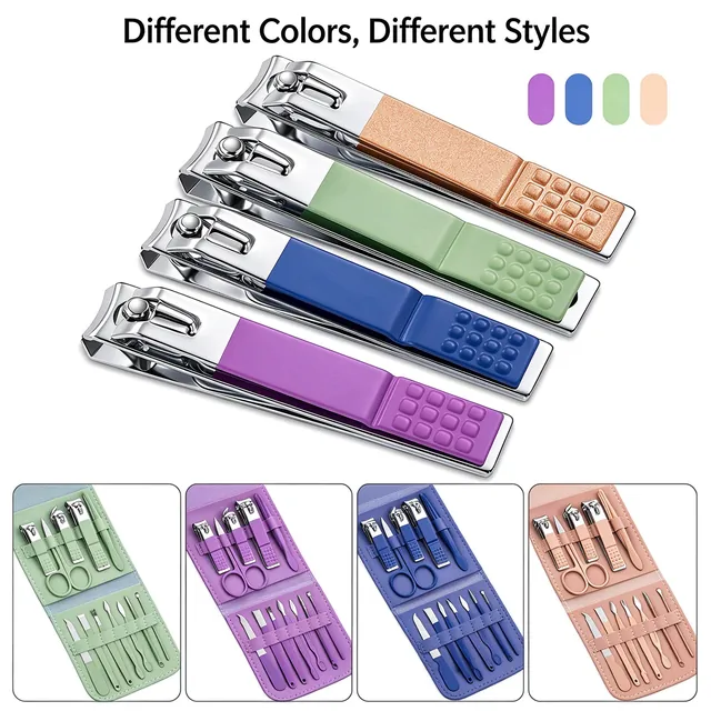 Four colourways of the twelve-piece set shown both folded in the pouch and opened out