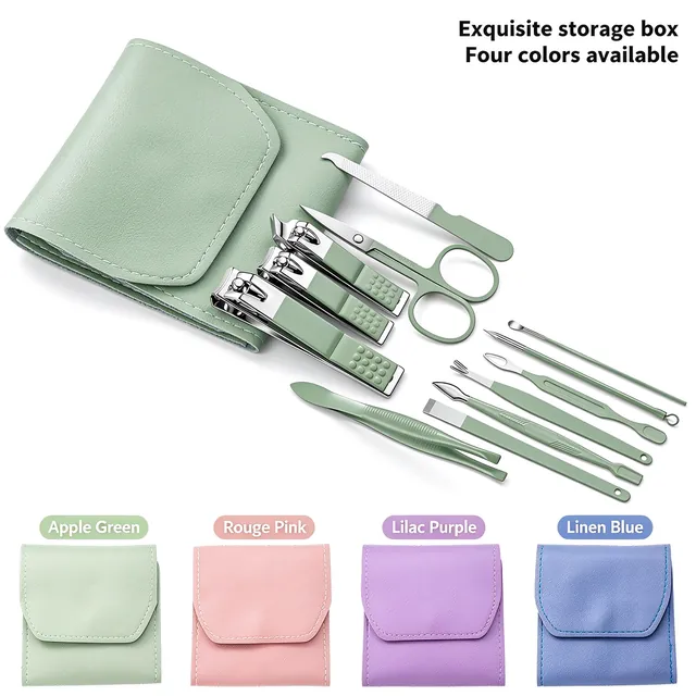 The green pouch open beside its closed pouch, with the twelve tools alongside