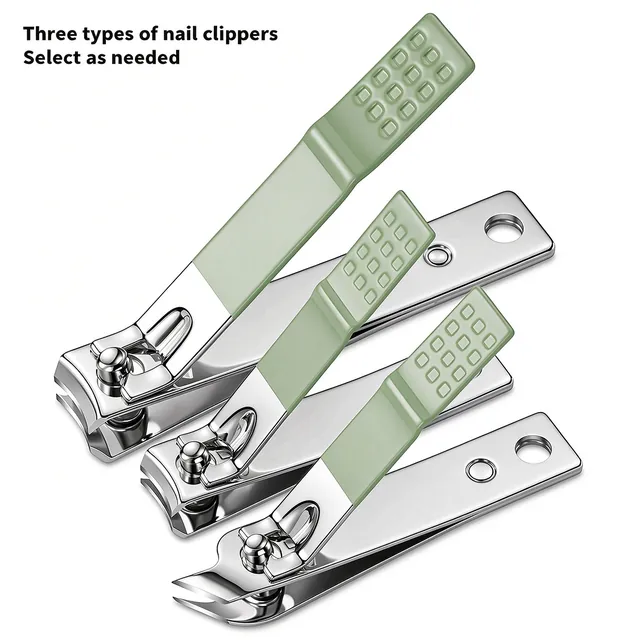 Three types of nail clipper from the set, shown to compare the cutting heads