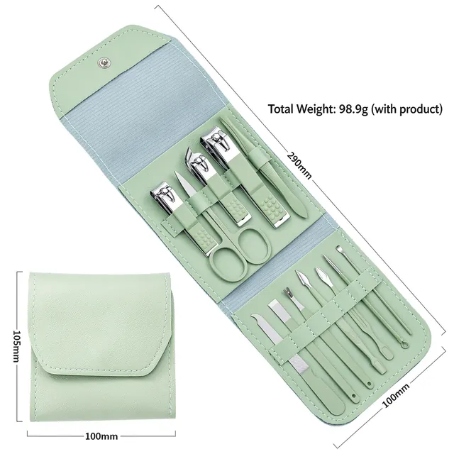 The green set opened out, marked 180 mm long and 100 mm wide, with the closed pouch marked 100 mm by 105 mm, total weight 98.9 g
