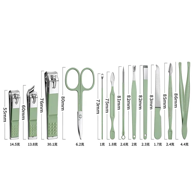 Dimension sheet listing all twelve tools at 14.5 cm, 13.8 cm, 10.1 cm, 6.2 cm, 7.3 cm, 9.5 cm, 0.8 cm, 1.8 cm, 2.4 cm, 8.1 cm, 1.7 cm and 1.7 cm