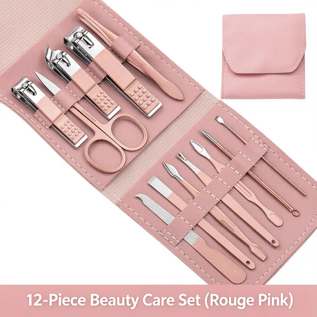 The same twelve-piece set in rouge pink, laid open with the pouch behind it