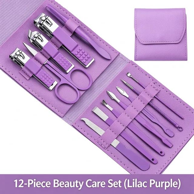 The same twelve-piece set in lilac purple, laid open with the pouch behind it