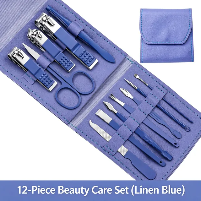 The same twelve-piece set in linen blue, laid open with the pouch behind it