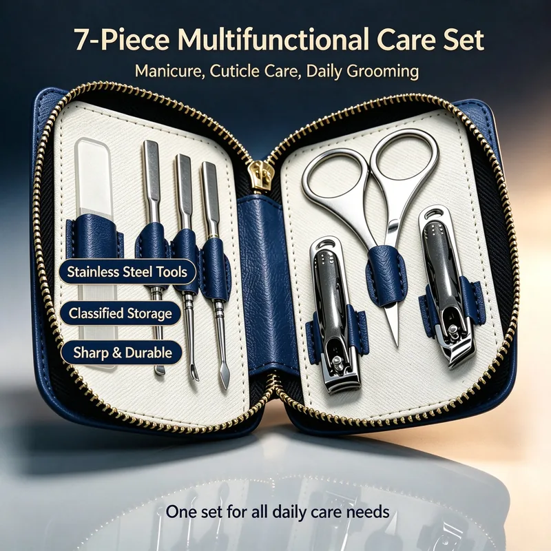 Blue marbled-leather seven-piece nail clipper set in an open zip case with stainless steel tools