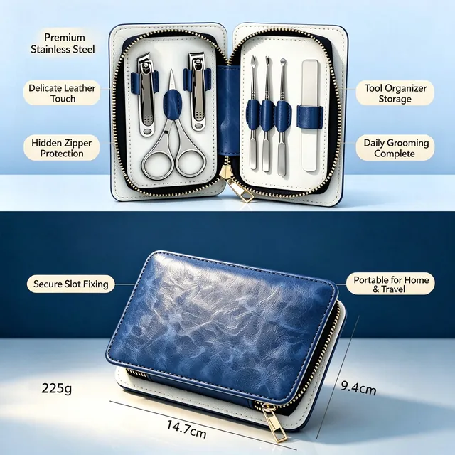 The blue marbled case shown open and closed, with callouts marking the stainless steel tools, leather surface and hidden zip