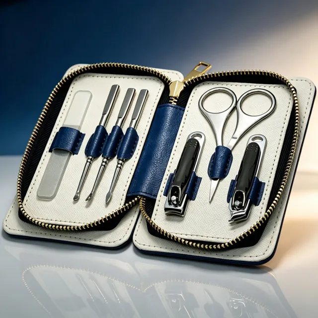 The blue marbled case open with its tools on elastic loops, seen at an angle