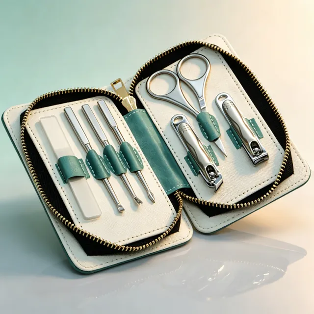 The green marbled case open on a pale surface, showing the tool layout